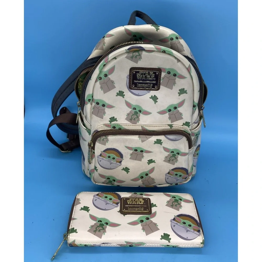 Loungefly The Child Grogu Frogs Mini Backpack Matching Flap Wallet Set Disney